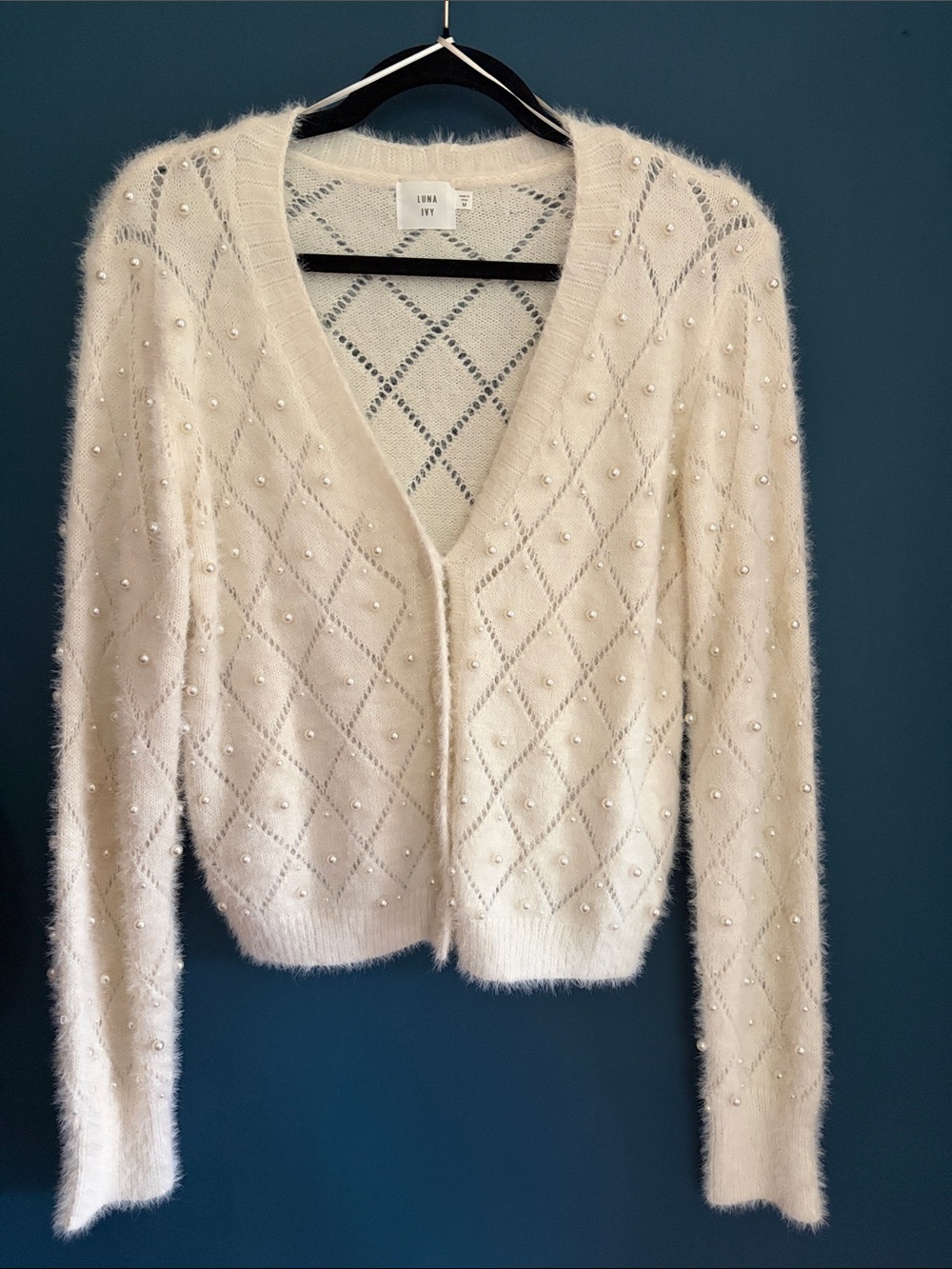 Luna Light Cream Pearl-Accent Fuzzy Open Cardigan
